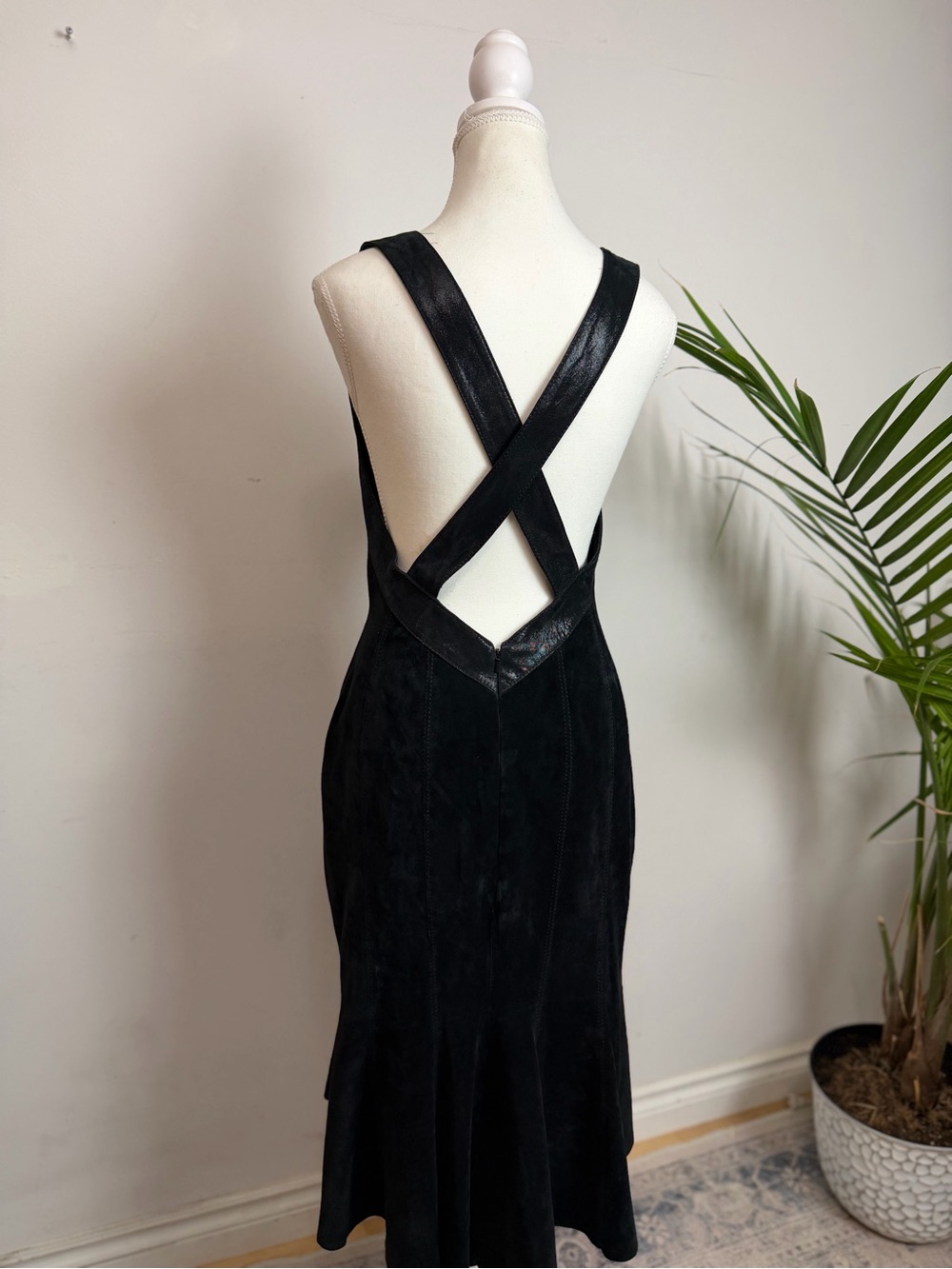 Danier Black Genuine Suede Leather Plunge Cross Back Midi Dress - Picture 6 of 15